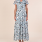 Women's Floral Woven Maxi Dress with V Neck and Flutter Sleeves — Blue — studio front