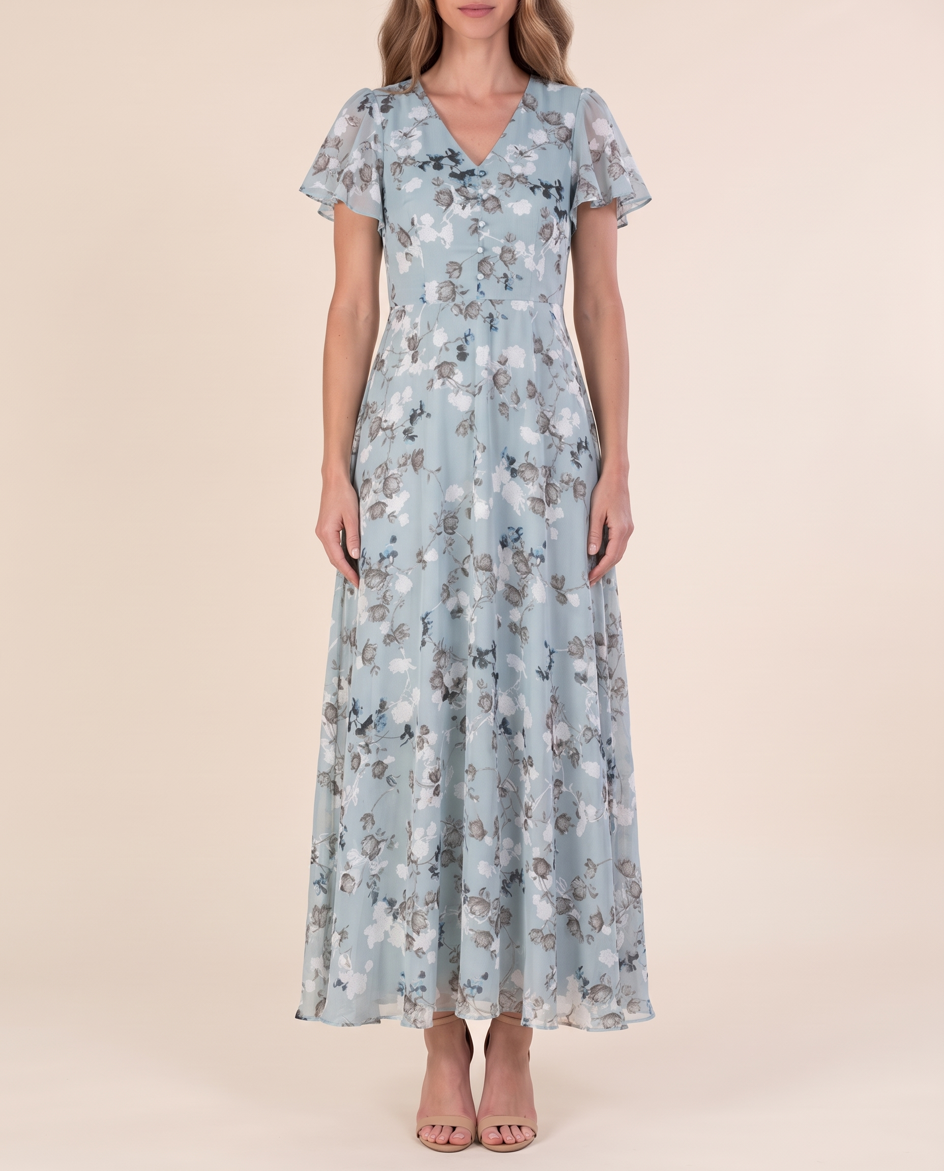 Women's Floral Woven Maxi Dress with V Neck and Flutter Sleeves — Blue — studio front