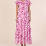 Women's Floral Woven Maxi Dress with V Neck and Flutter Sleeves — Pink — studio front