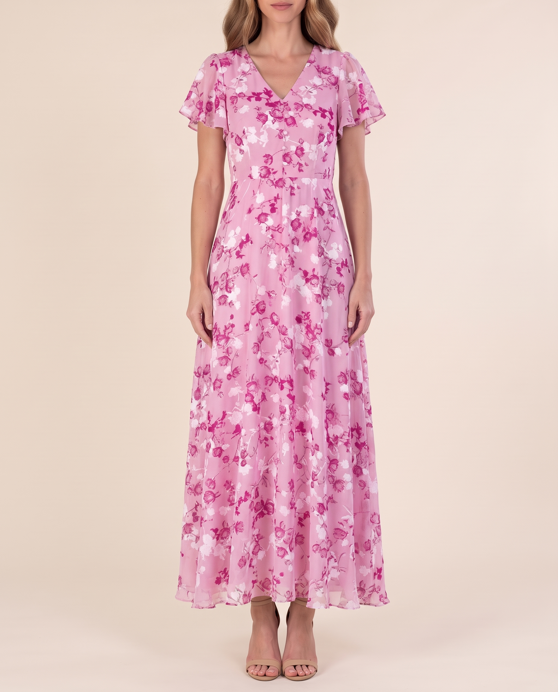 Women's Floral Woven Maxi Dress with V Neck and Flutter Sleeves — Pink — studio front