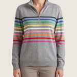 Women's Knit Pullover with Quarter Zip and Striped Bands — Gray — studio front
