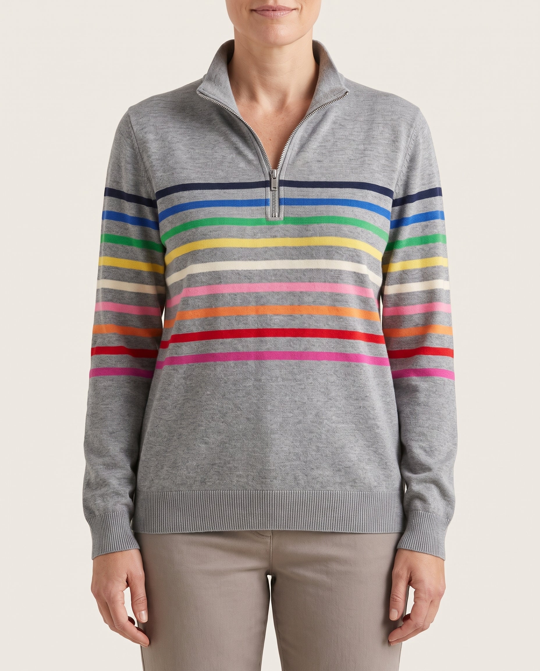 Women's Knit Pullover with Quarter Zip and Striped Bands — Gray — studio front