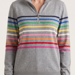 Women's Knit Pullover with Quarter Zip and Striped Bands — Gray — fabric detail