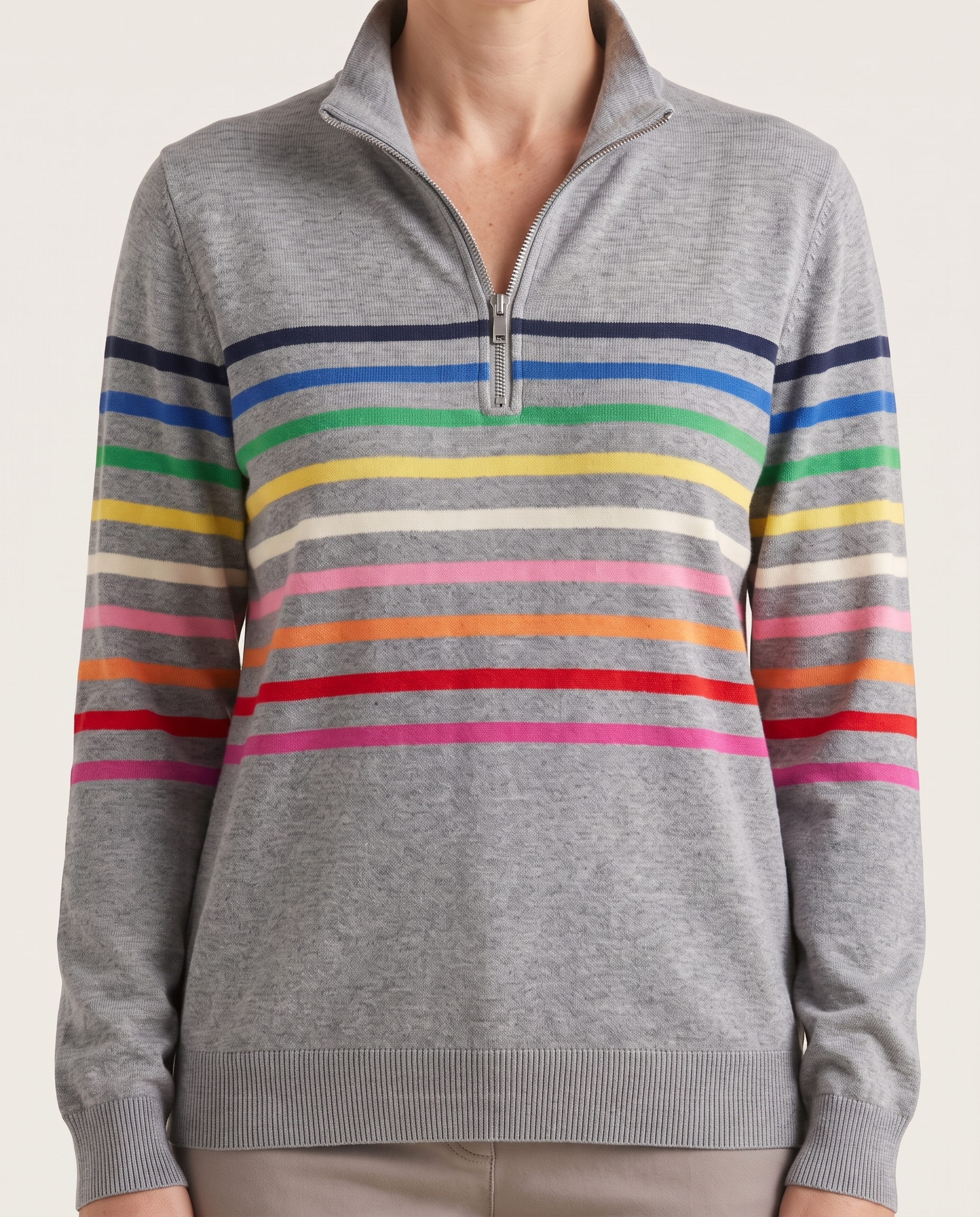 Women's Knit Pullover with Quarter Zip and Striped Bands — Gray — fabric detail