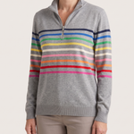 Women's Knit Pullover with Quarter Zip and Striped Bands — Gray — studio three-quarter
