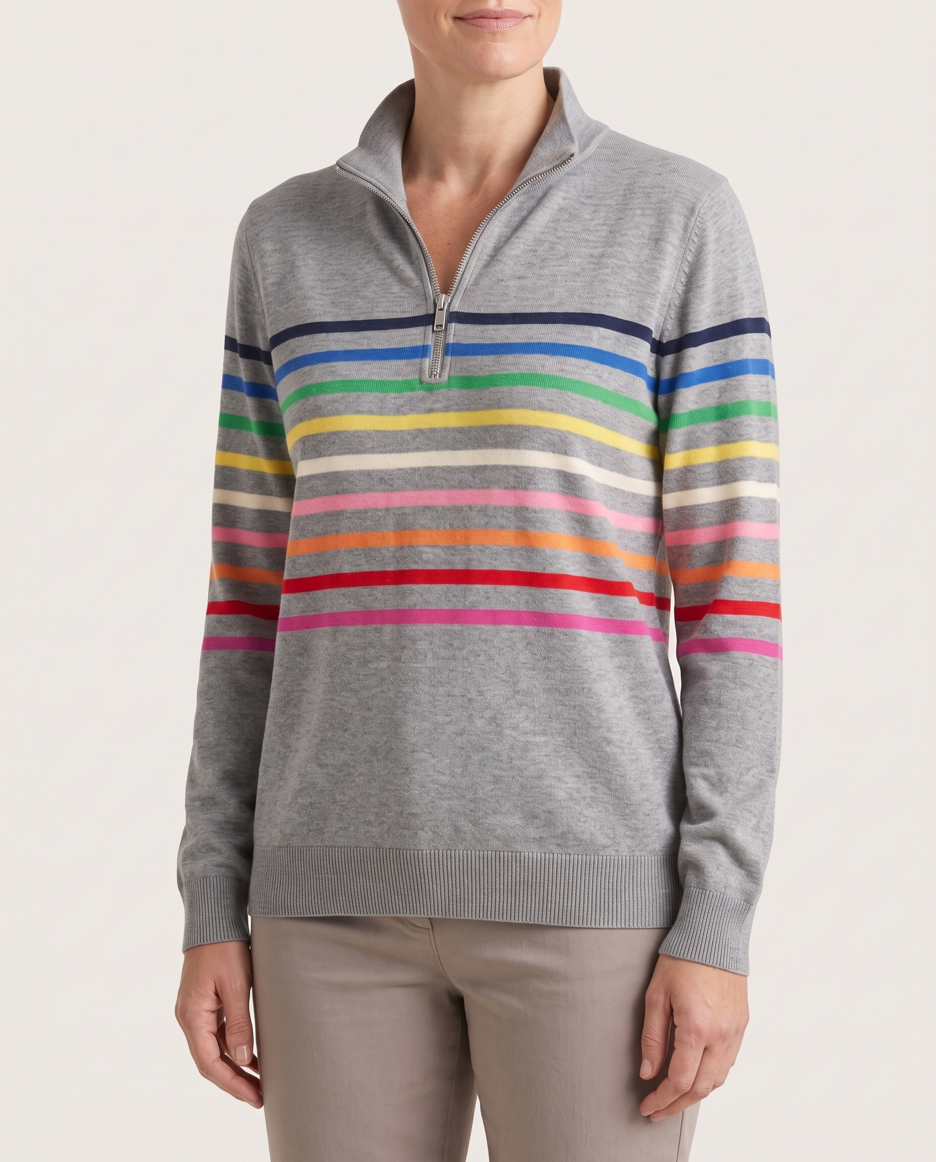 Women's Knit Pullover with Quarter Zip and Striped Bands — Gray — studio three-quarter