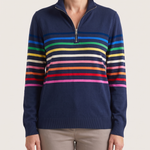 Women's Knit Pullover with Quarter Zip and Striped Bands — Navy — studio front