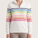 Women's Knit Pullover with Quarter Zip and Striped Bands — White — studio front