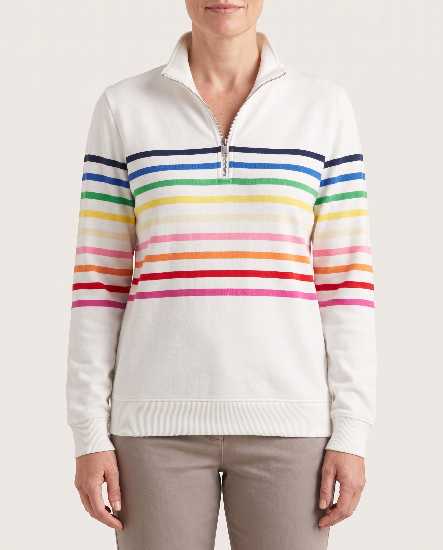 Women's Knit Pullover with Quarter Zip and Striped Bands — White — studio front