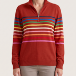 Women's Knit Pullover with Quarter Zip and Striped Bands — Red — studio front