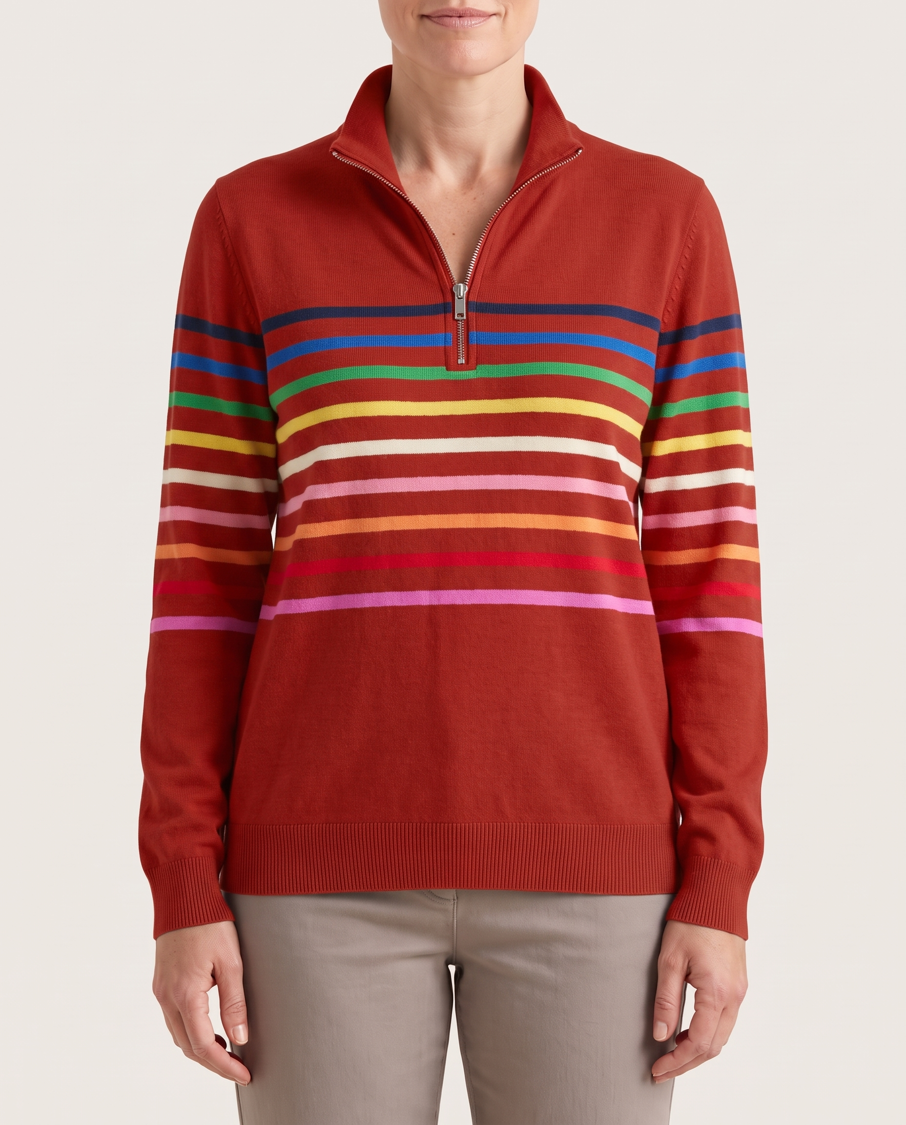 Women's Knit Pullover with Quarter Zip and Striped Bands — Red — studio front