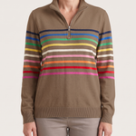 Women's Knit Pullover with Quarter Zip and Striped Bands — Khaki — studio front
