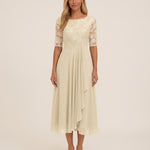 Women's Midi Dress with Lace Bodice and Sheer Elbow Sleeves — Yellow — studio front