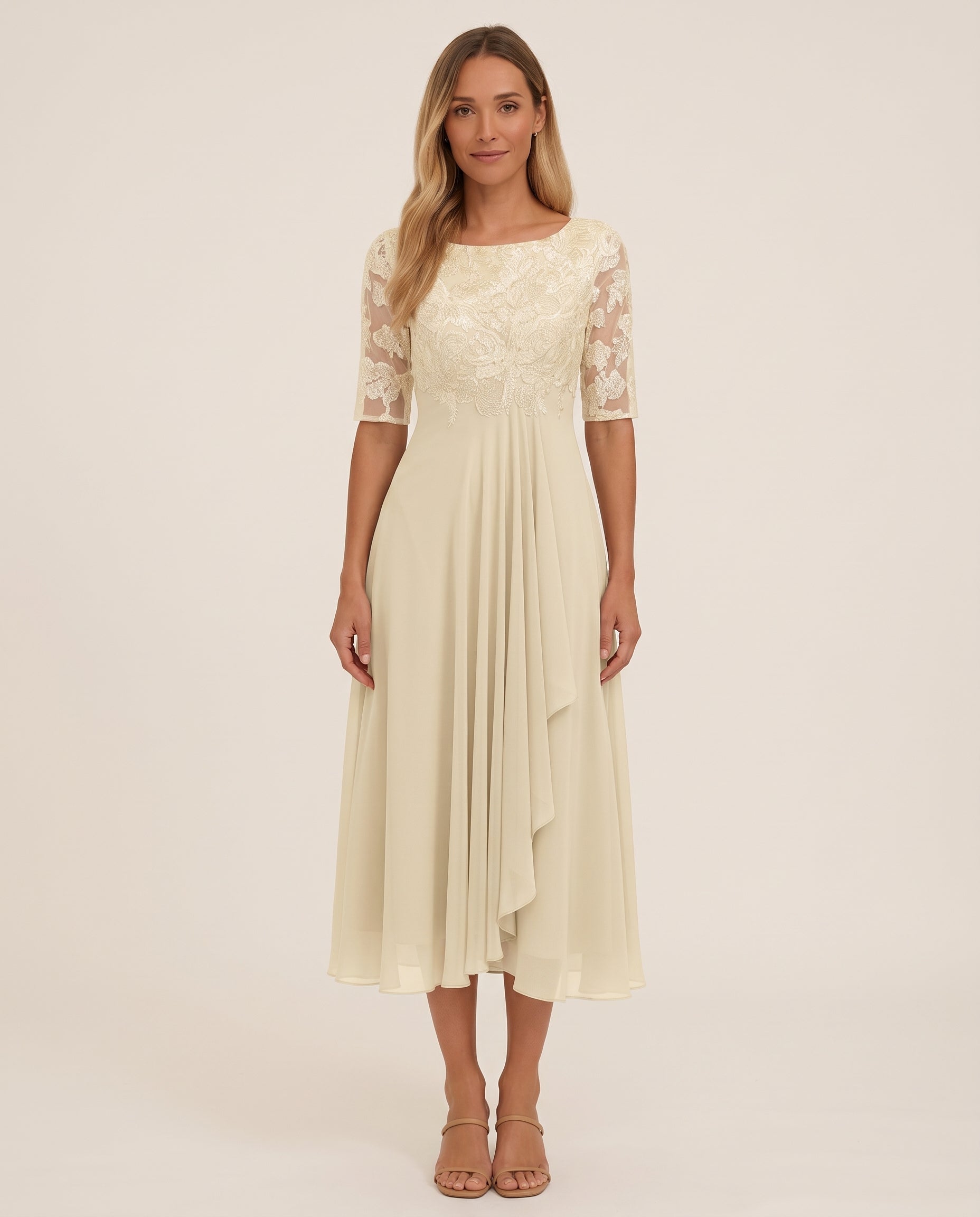 Women's Midi Dress with Lace Bodice and Sheer Elbow Sleeves — Yellow — studio front