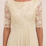 Women's Midi Dress with Lace Bodice and Sheer Elbow Sleeves — Yellow — fabric detail