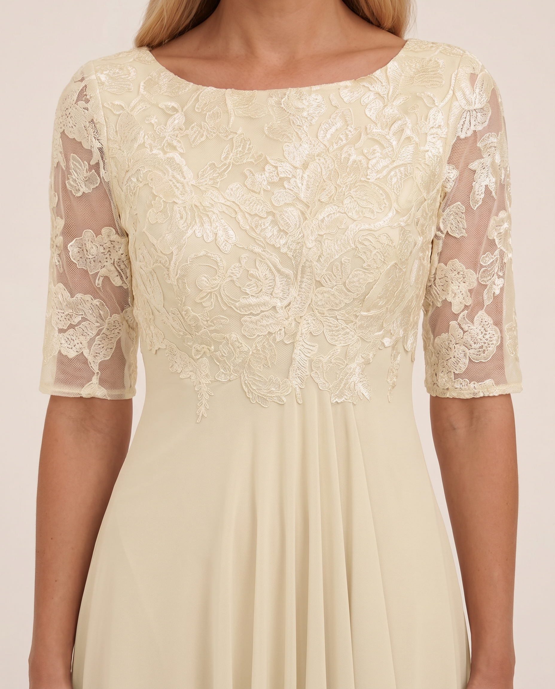 Women's Midi Dress with Lace Bodice and Sheer Elbow Sleeves — Yellow — fabric detail