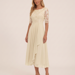 Women's Midi Dress with Lace Bodice and Sheer Elbow Sleeves — Yellow — studio three-quarter