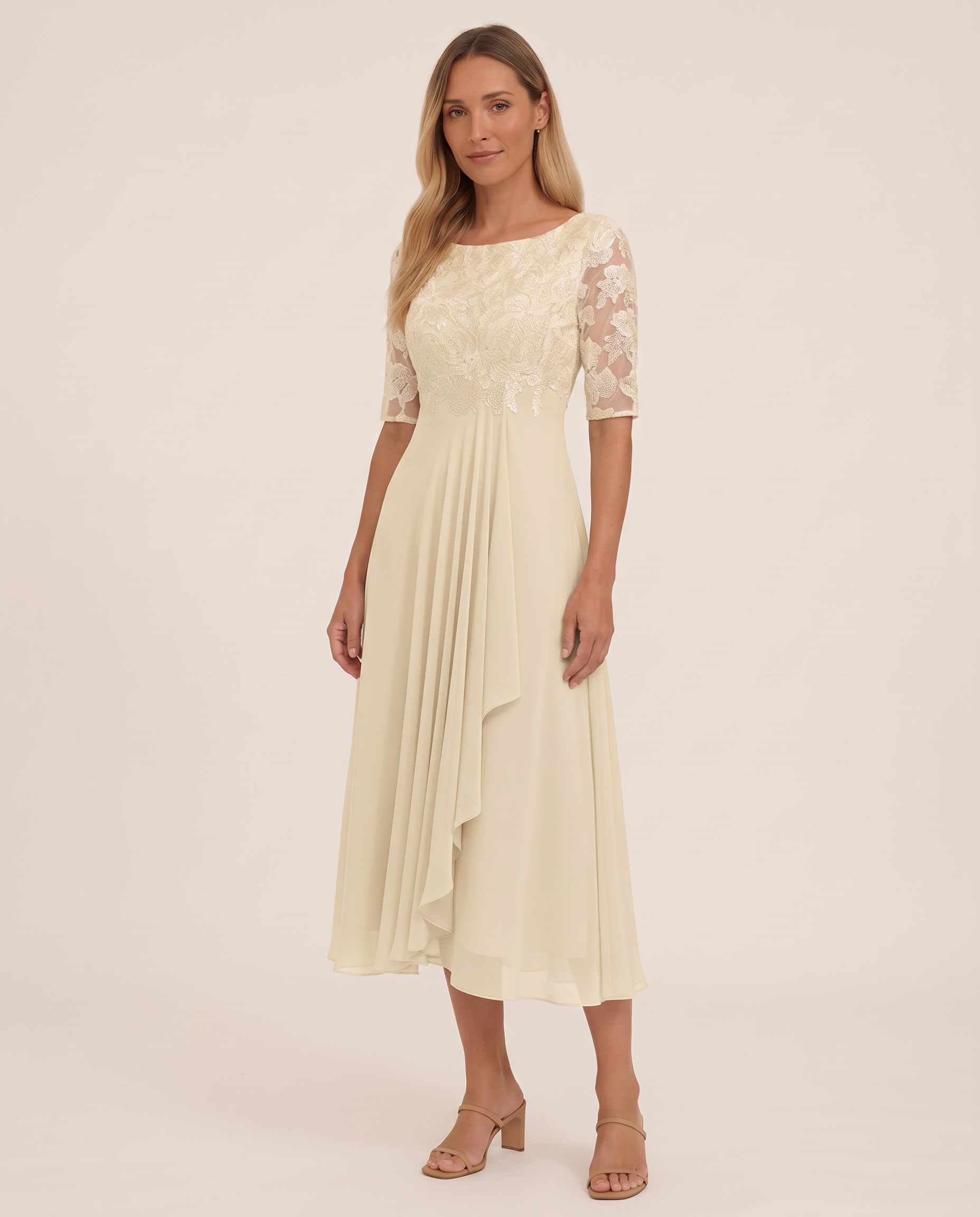 Women's Midi Dress with Lace Bodice and Sheer Elbow Sleeves — Yellow — studio three-quarter