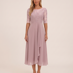 Women's Midi Dress with Lace Bodice and Sheer Elbow Sleeves — Pink — studio front