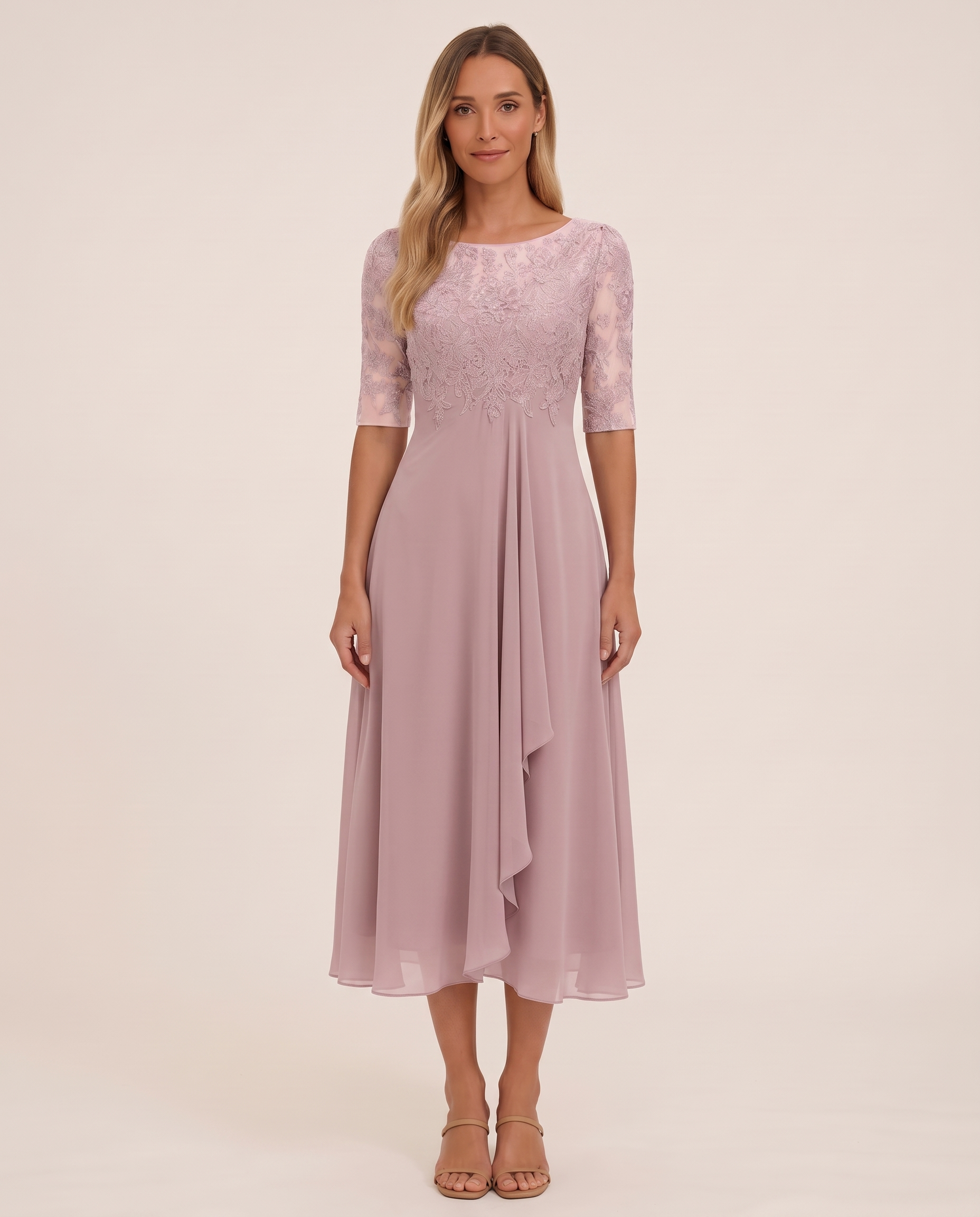Women's Midi Dress with Lace Bodice and Sheer Elbow Sleeves — Pink — studio front