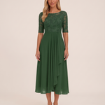 Women's Midi Dress with Lace Bodice and Sheer Elbow Sleeves — Green — studio front