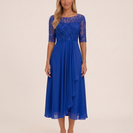 Women's Midi Dress with Lace Bodice and Sheer Elbow Sleeves — Blue — studio front