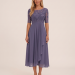 Women's Midi Dress with Lace Bodice and Sheer Elbow Sleeves — Purple — studio front