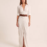 Women's Woven Maxi Dress with Button Front and Buckle Belt — White — studio front