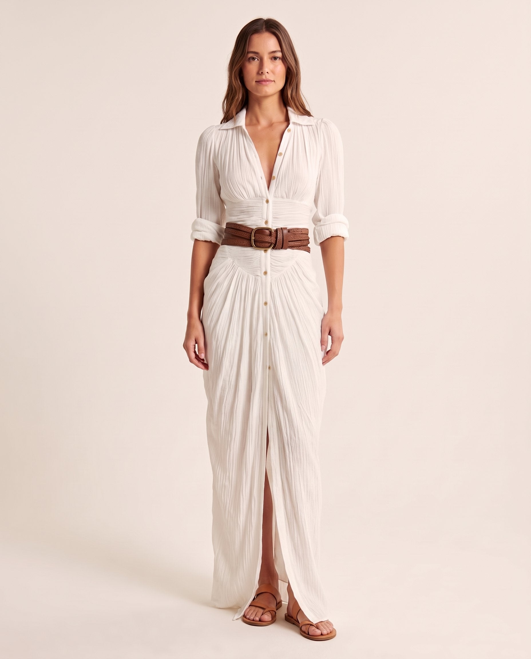 Women's Woven Maxi Dress with Button Front and Buckle Belt — White — studio front