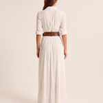 Women's Woven Maxi Dress with Button Front and Buckle Belt — White — back view