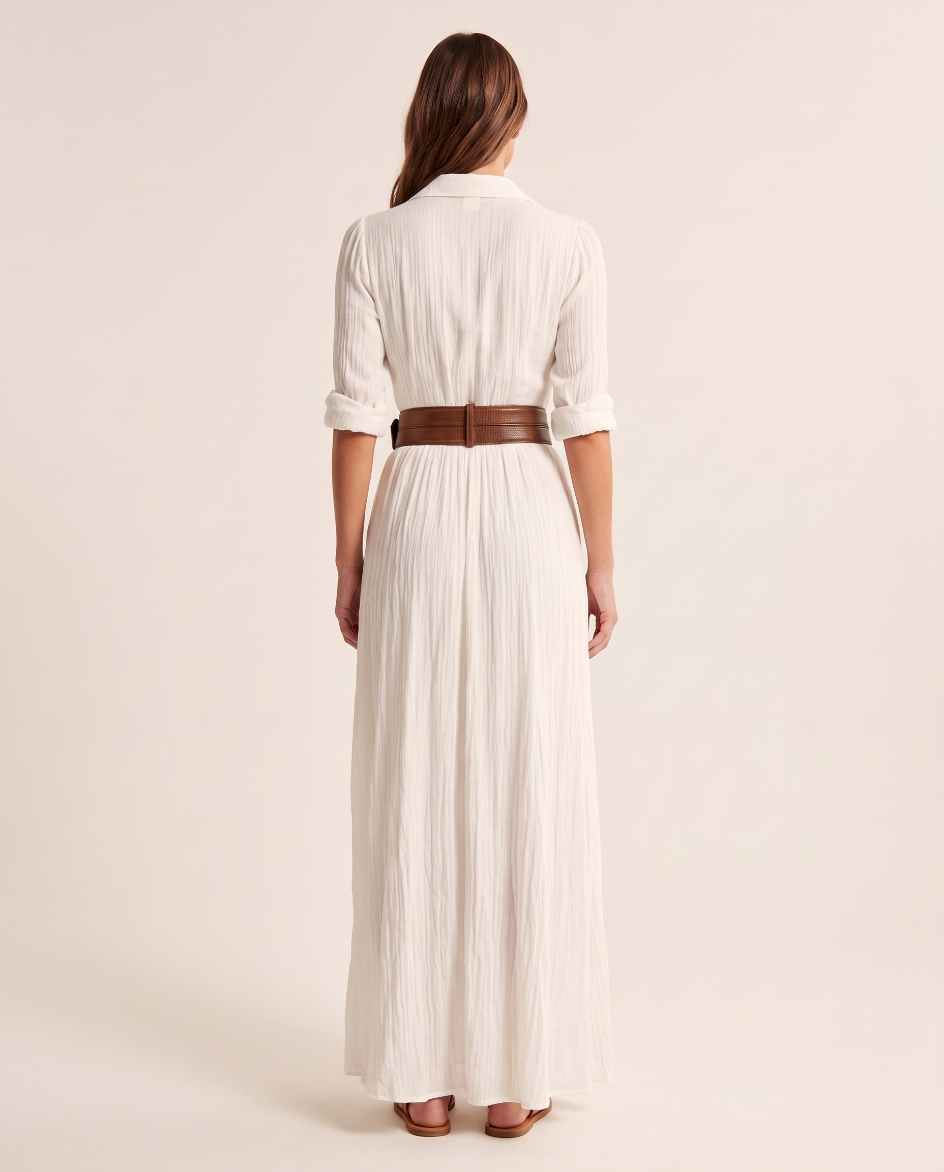 Women's Woven Maxi Dress with Button Front and Buckle Belt — White — back view