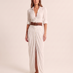 Women's Woven Maxi Dress with Button Front and Buckle Belt — White — studio three-quarter
