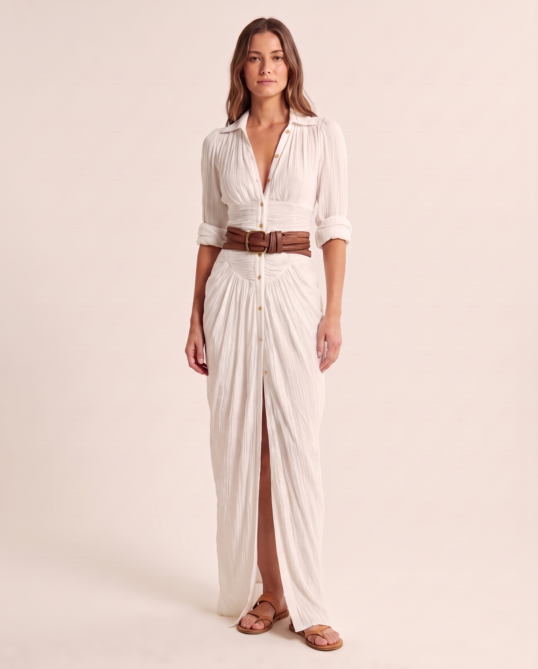 Women's Woven Maxi Dress with Button Front and Buckle Belt — White — studio three-quarter