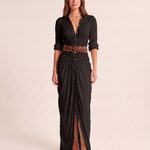 Women's Woven Maxi Dress with Button Front and Buckle Belt — Black — studio front