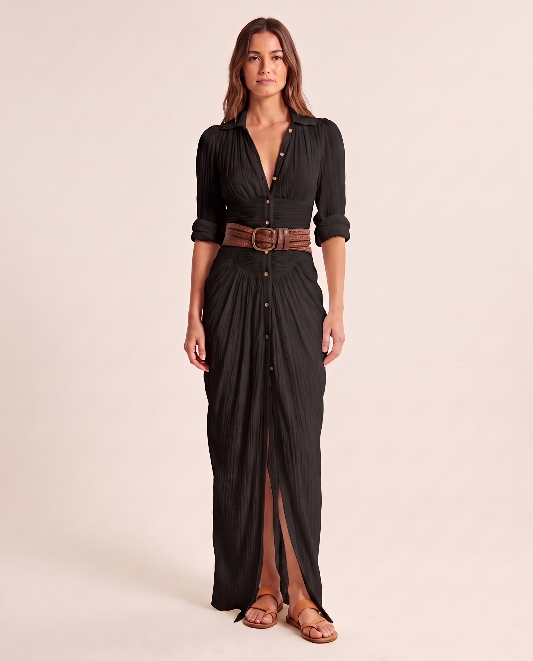Women's Woven Maxi Dress with Button Front and Buckle Belt — Black — studio front