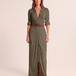 Women's Woven Maxi Dress with Button Front and Buckle Belt — Green — studio front