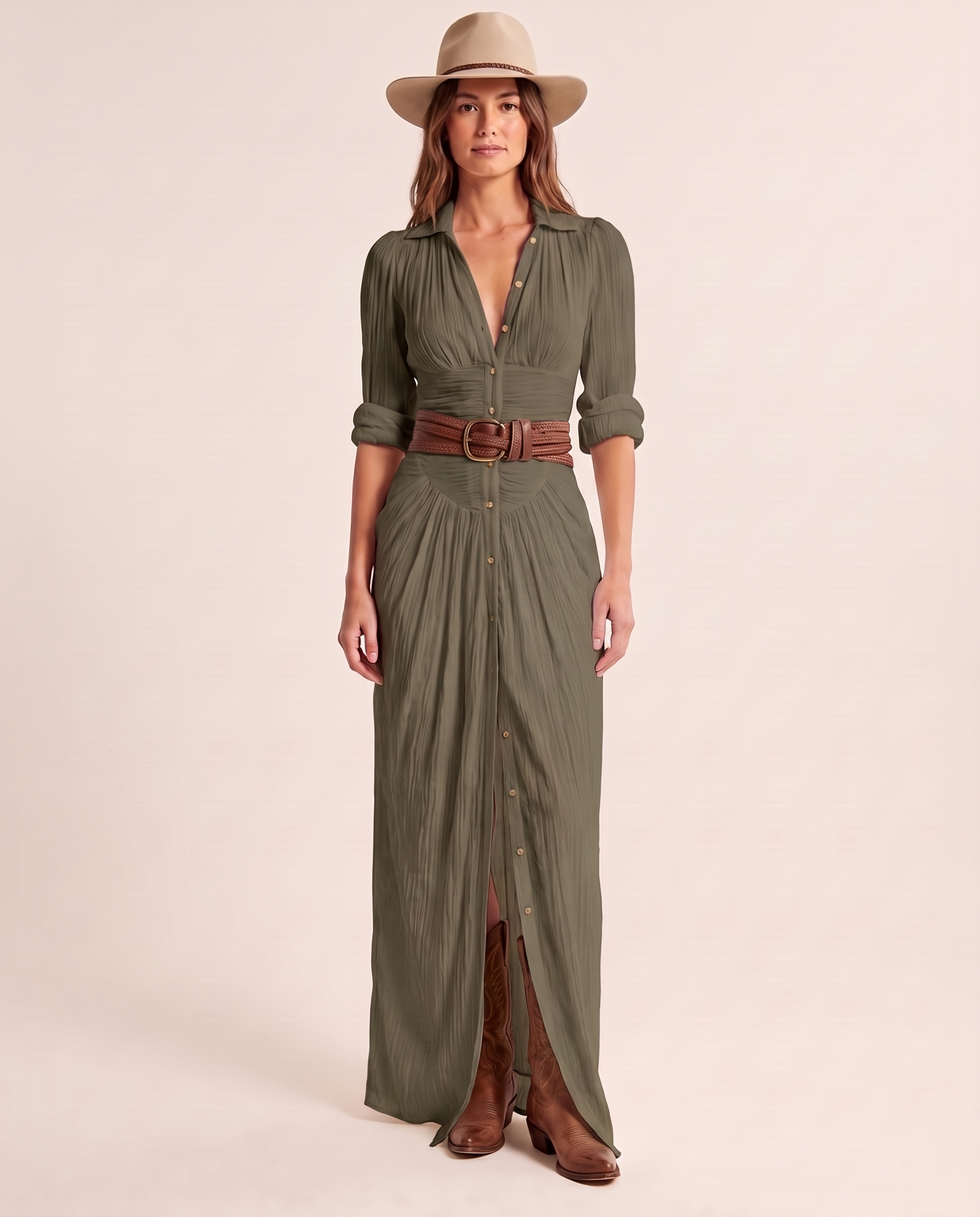 Women's Woven Maxi Dress with Button Front and Buckle Belt — Green — studio front