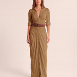 Women's Woven Maxi Dress with Button Front and Buckle Belt — Brown — studio front