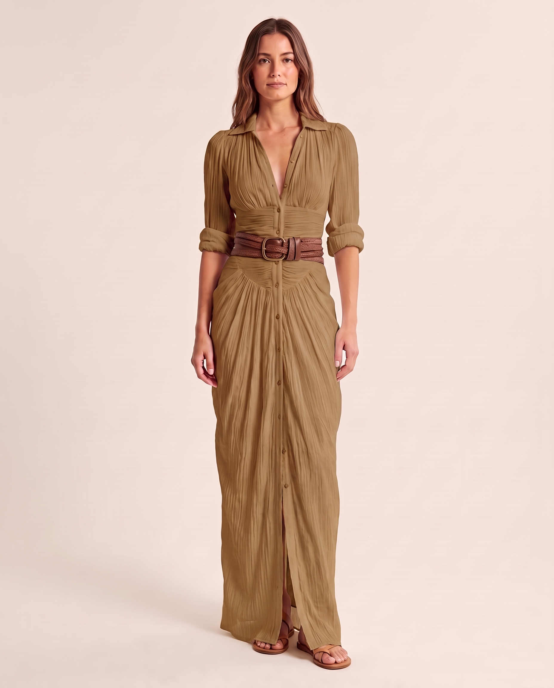 Women's Woven Maxi Dress with Button Front and Buckle Belt — Brown — studio front