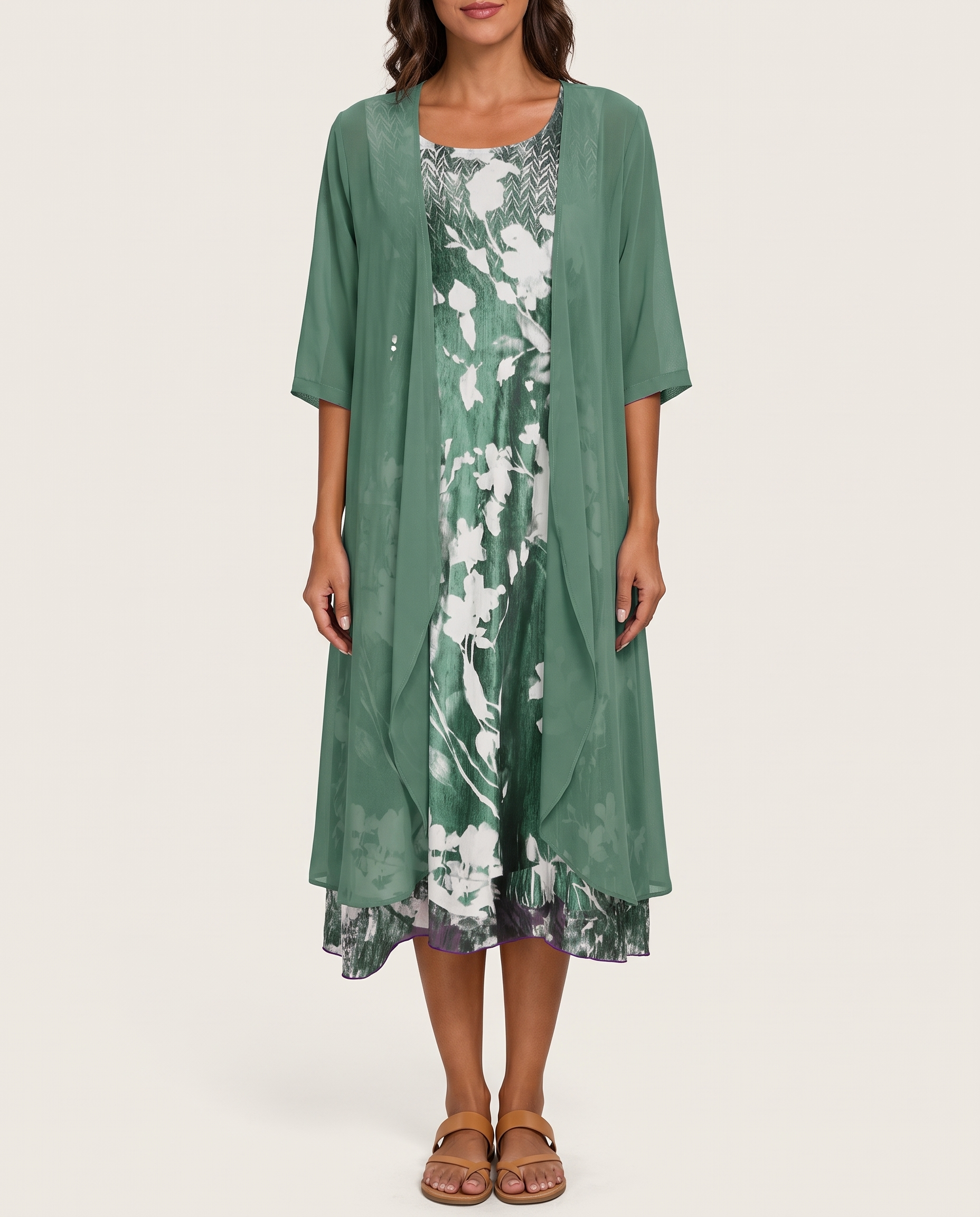 Women's Woven Midi Dress Set with Open-Front Overlay and Floral Print — Green with Floral — studio front