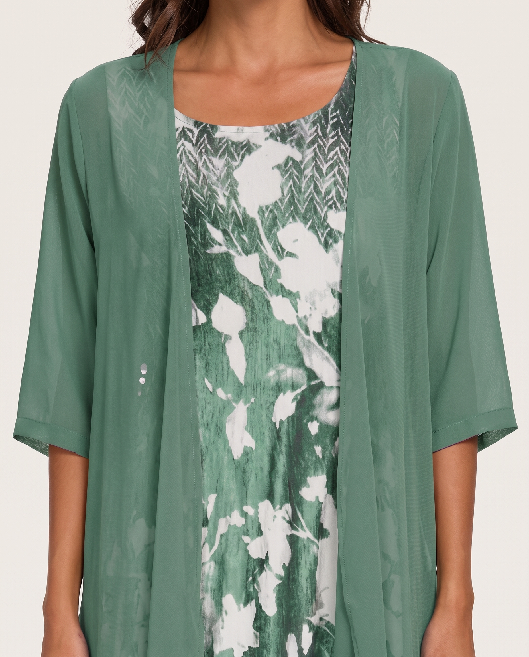 Women's Woven Midi Dress Set with Open-Front Overlay and Floral Print — Green with Floral — fabric detail