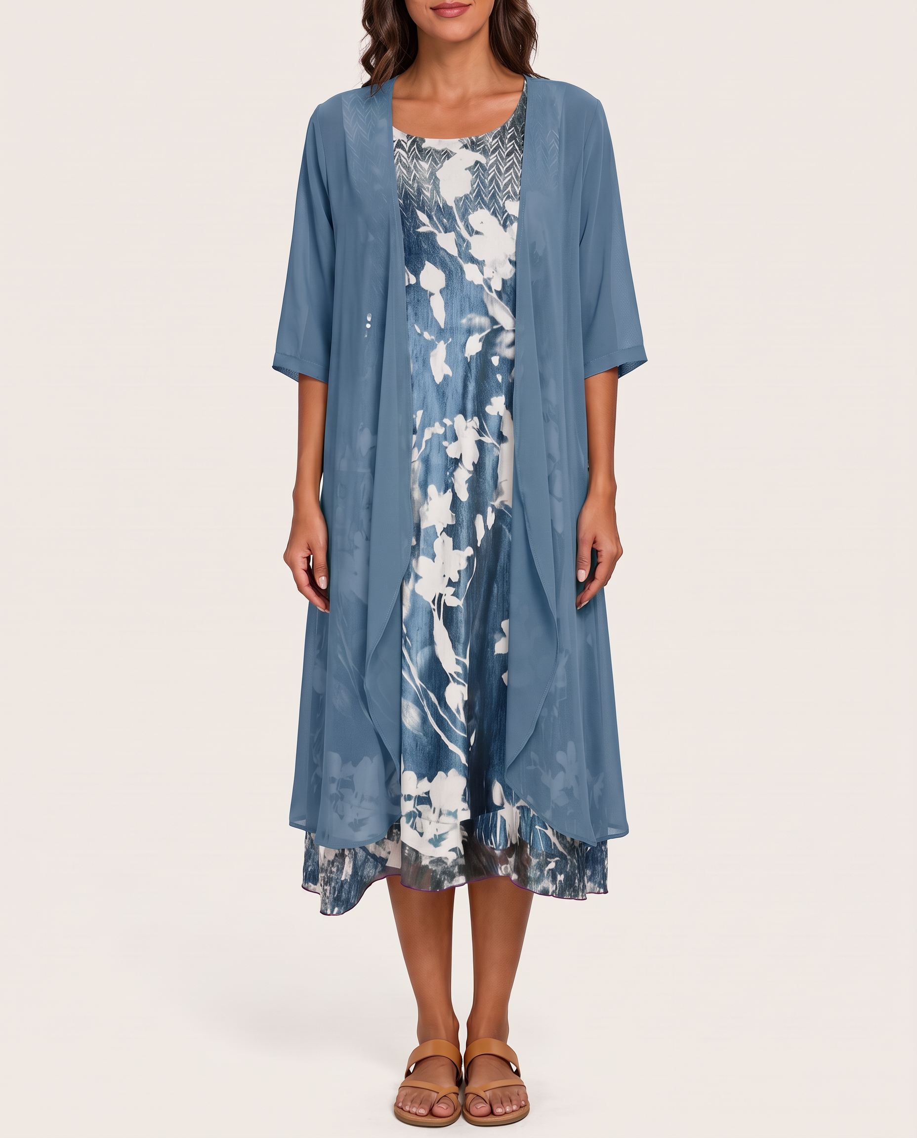 Women's Woven Midi Dress Set with Open-Front Overlay and Floral Print — Blue with Floral — studio front