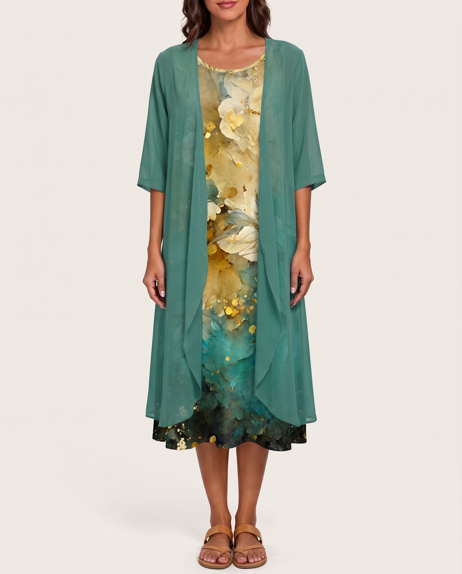 Women's Woven Midi Dress Set with Open-Front Overlay and Floral Print — Green with Pattern — studio front