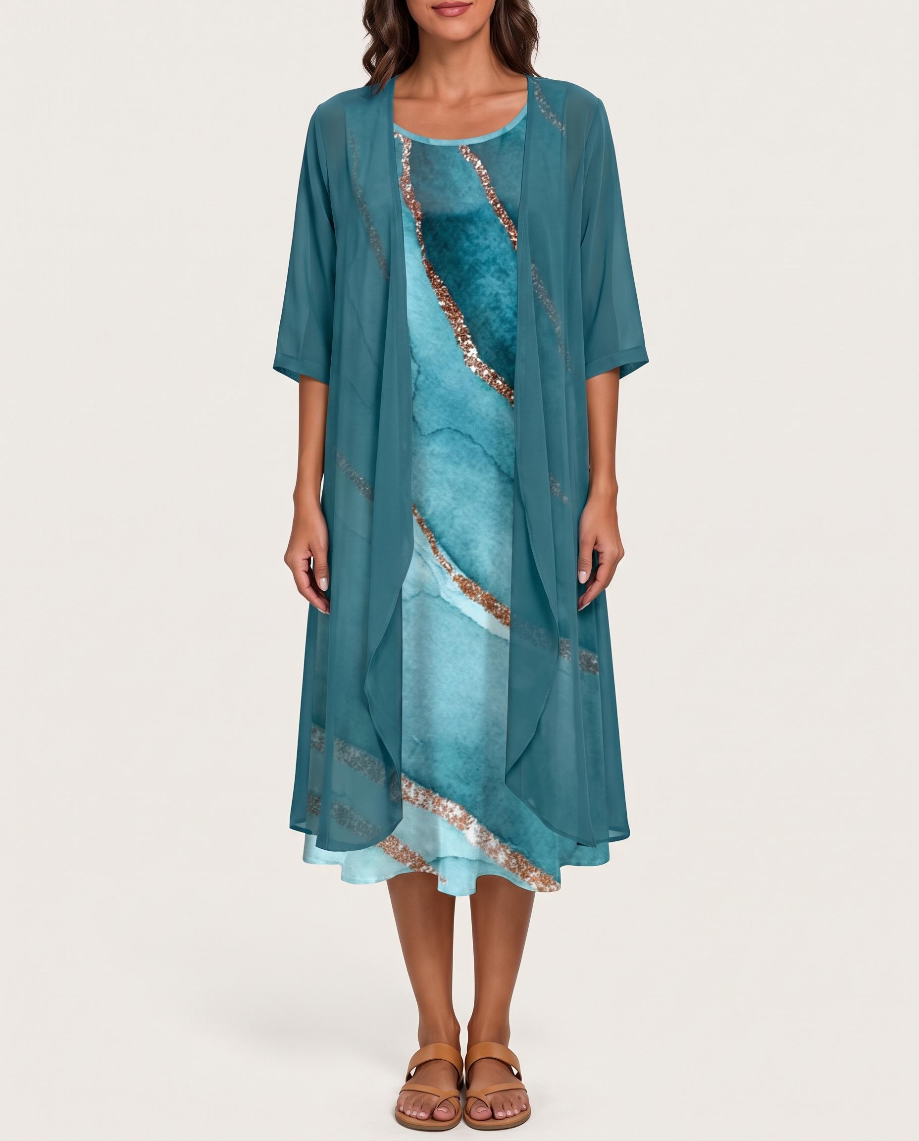 Women's Woven Midi Dress Set with Open-Front Overlay and Floral Print — Blue with Pattern — studio front