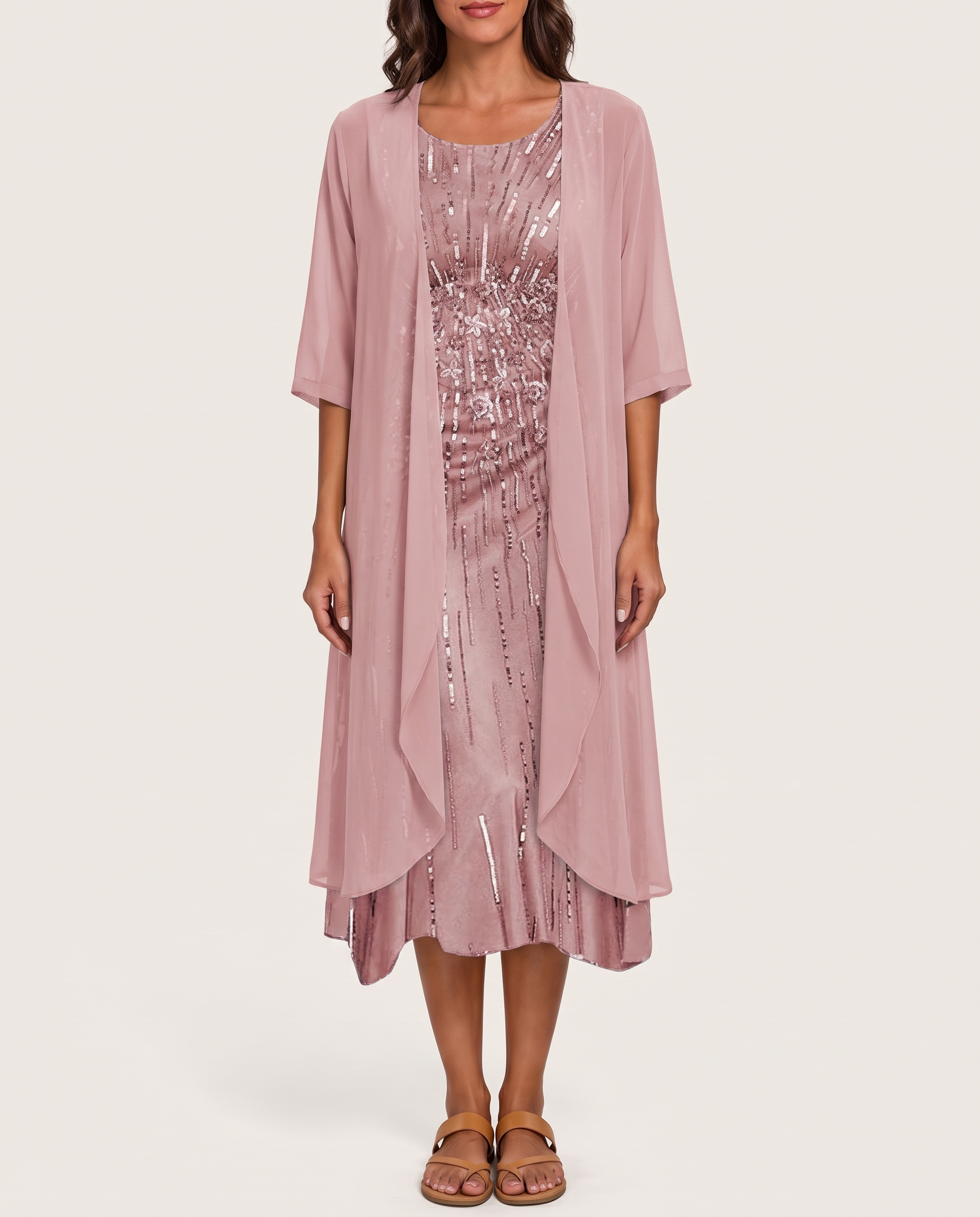 Women's Woven Midi Dress Set with Open-Front Overlay and Floral Print — Pink — studio front