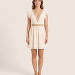 Women's Woven Mini Dress with V-Neck Trim and Flutter Sleeves — Apricot — studio front
