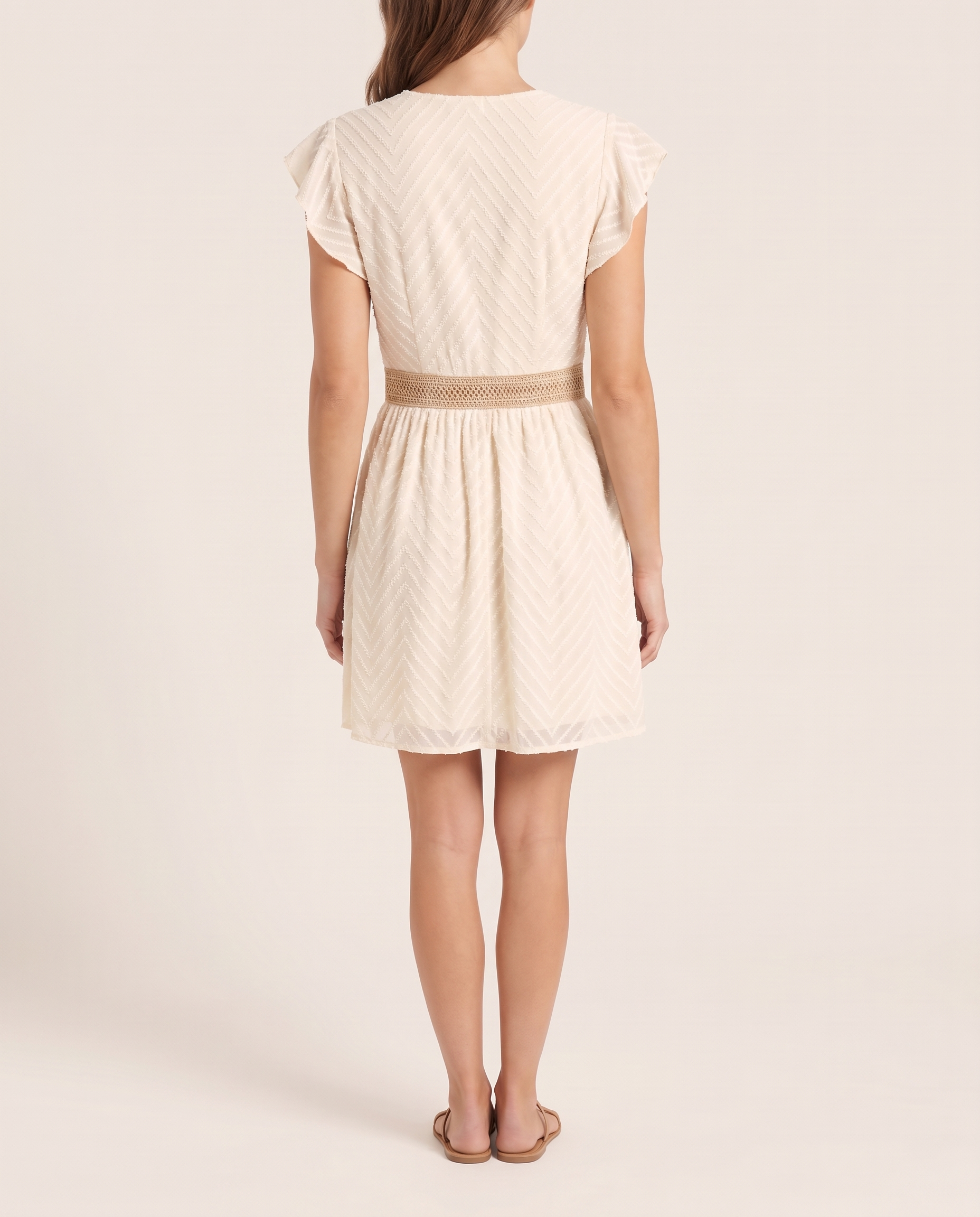 Women's Woven Mini Dress with V-Neck Trim and Flutter Sleeves — Apricot — back view