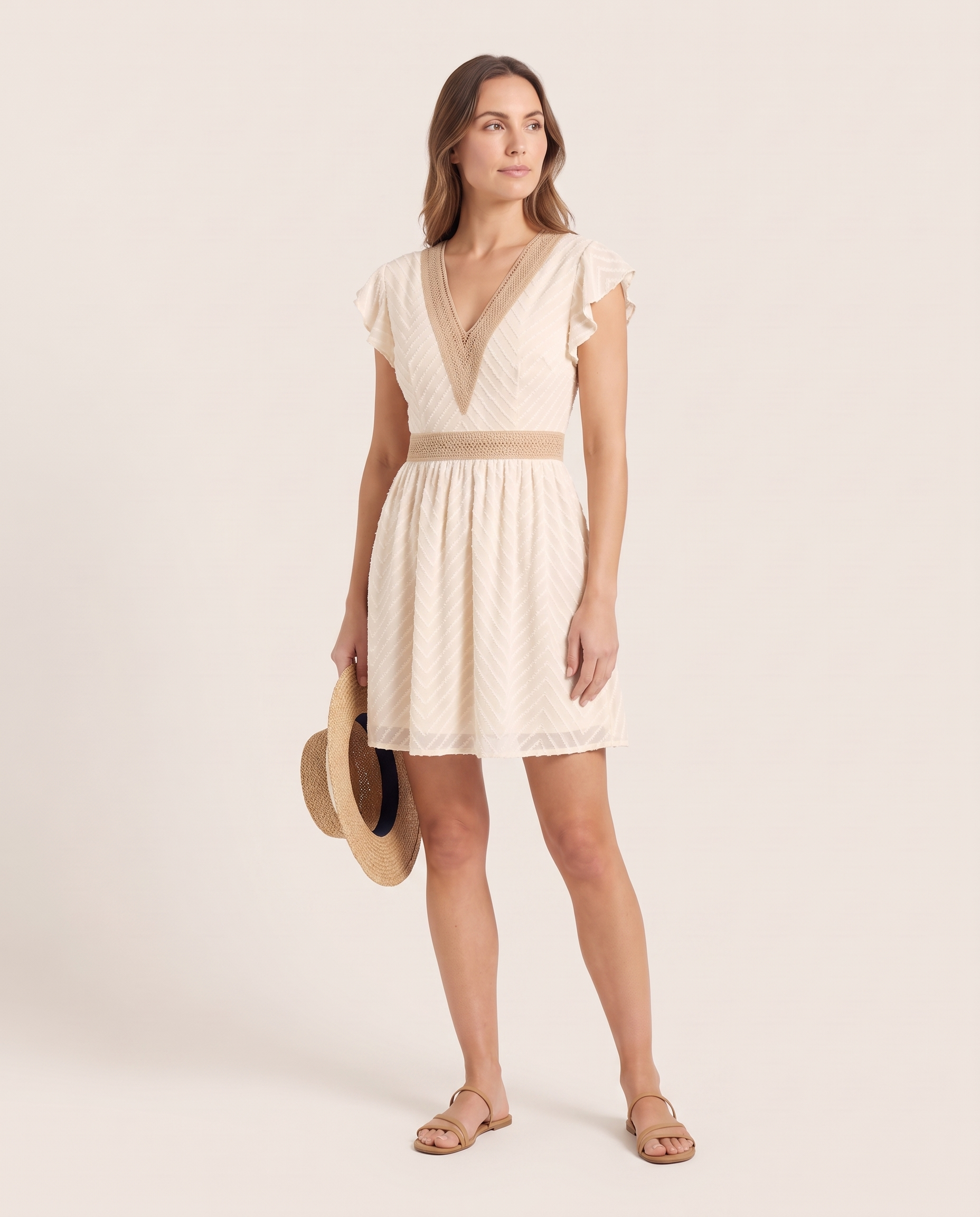 Women's Woven Mini Dress with V-Neck Trim and Flutter Sleeves — Apricot — studio three-quarter