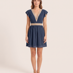 Women's Woven Mini Dress with V-Neck Trim and Flutter Sleeves — Blue — studio front
