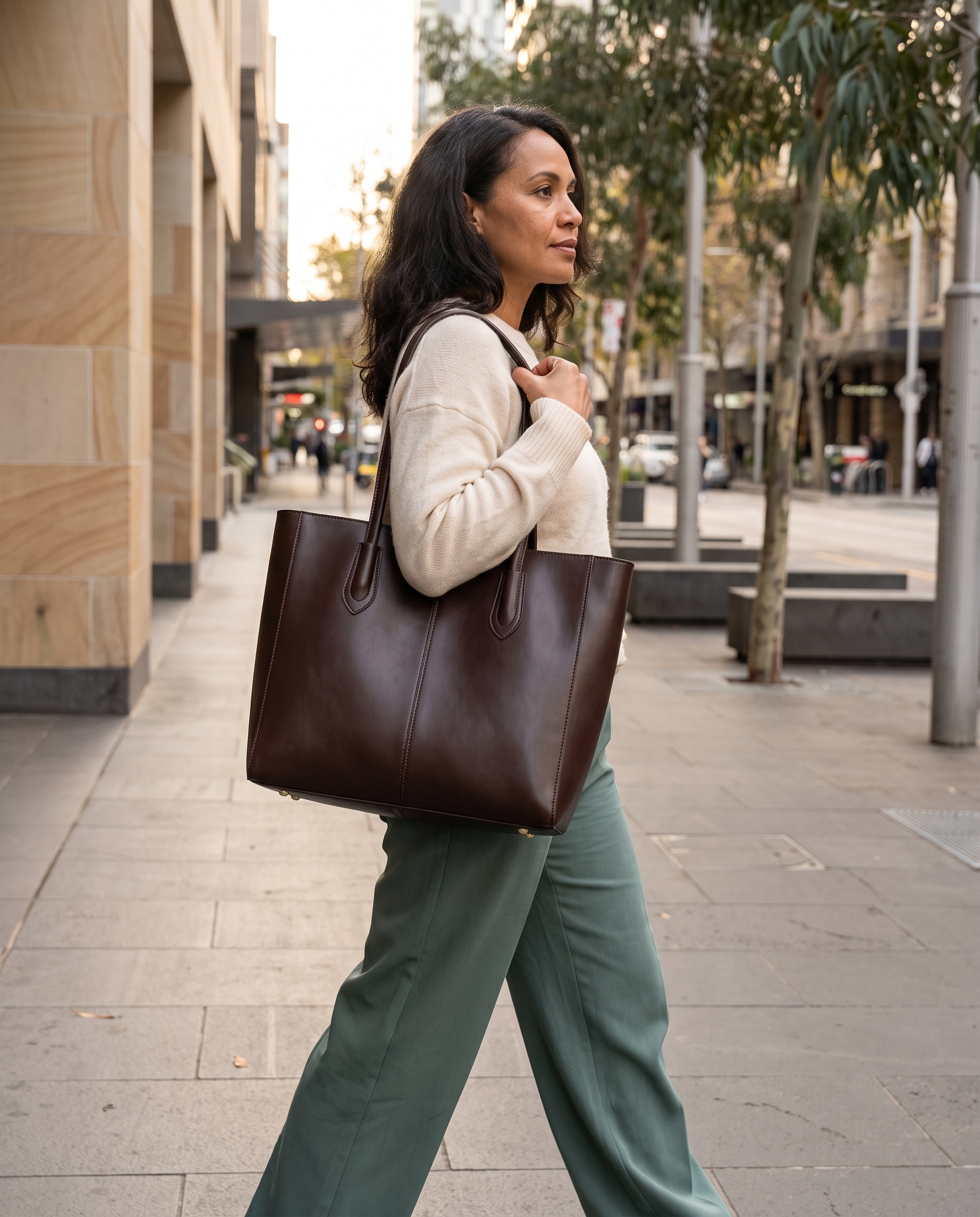 Wren large structured tote Australian walking view
